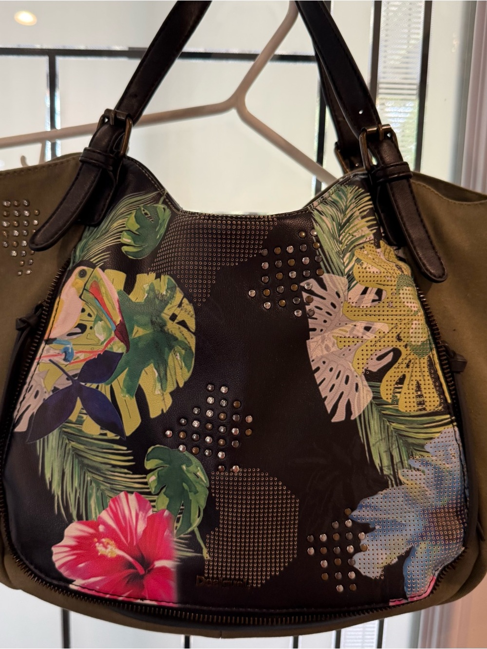 Desigual Black & Olive Shoulder Bag with Floral Tropics